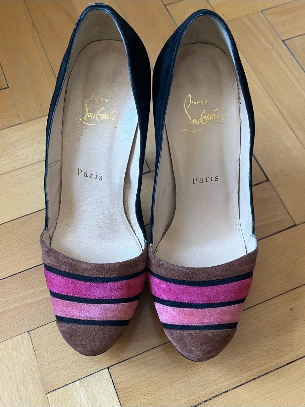 Christian Louboutin Pink & Brown Striped Suede Pumps